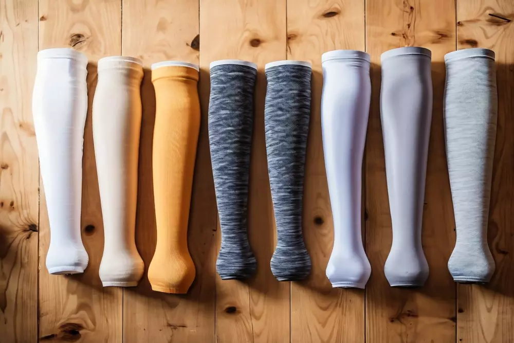 Verschiedene Arten von Kompressionsstrümpfen liegen auf einer Holzoberfläche, die verschiedene Materialien und Stile zeigen. Fotografie mit einem Weitwinkelobjektiv bei hellem Licht.