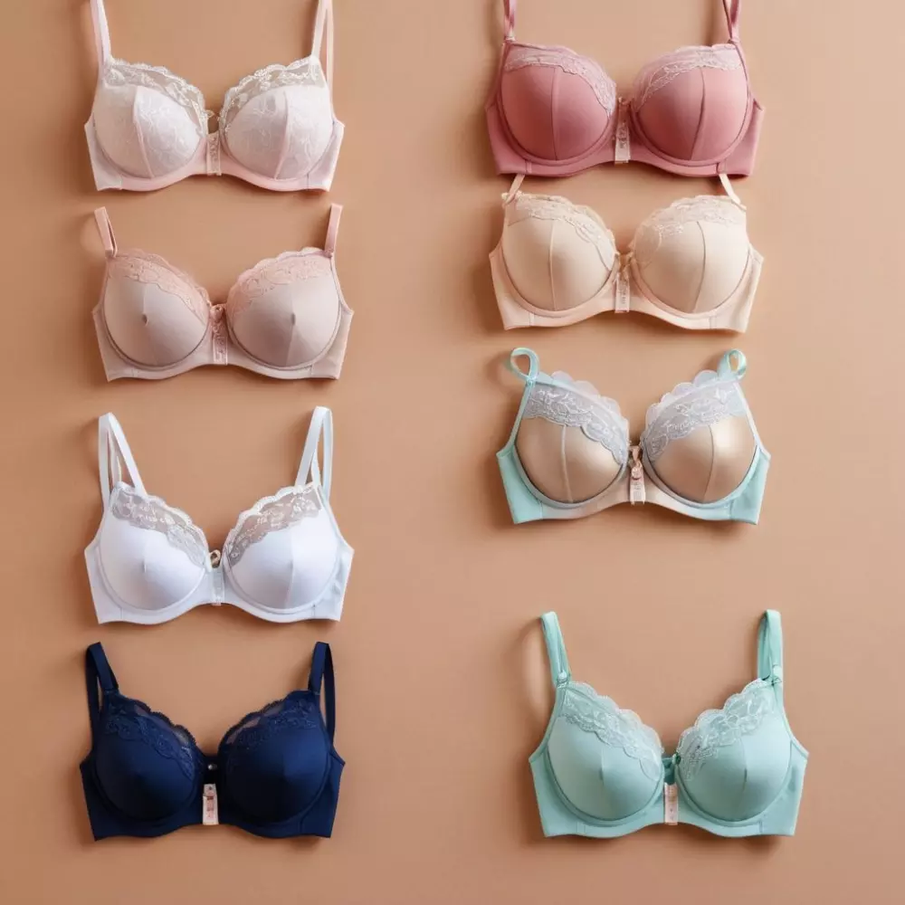 Eine Vielzahl von BHs, die auf einem neutralen Hintergrund ausgelegt sind, konzentriert auf verschiedene Stile, die geeignet sind, Achselfett zu minimieren. Fotografisch, mit einem klaren und einladenden Layout, in hoher Auflösung, um die Texturen und Merkmale der BHs im Detail darzustellen.