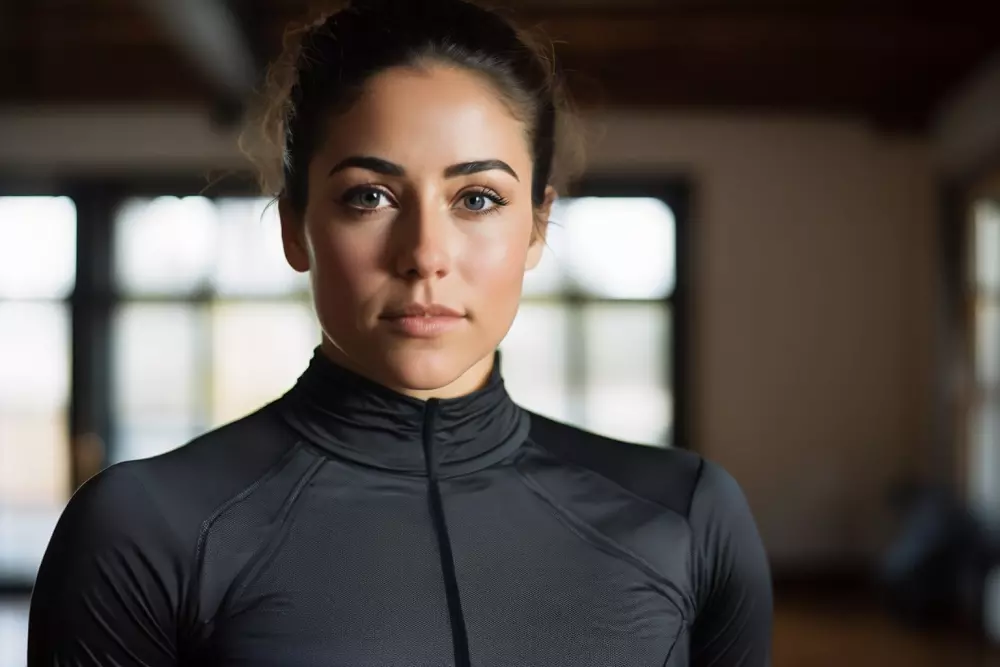 Nahaufnahme einer Person, die Kompressionskleidung trägt, zeigt einen dezenten Ausdruck von Unbehagen, Inneneinstellung, weiches natürliches Licht, fotografischer Stil, umgesetzt als hochauflösende, detailreiche Porträtfotografie mit einem 50mm Objektiv und weichem natürlichem Licht.