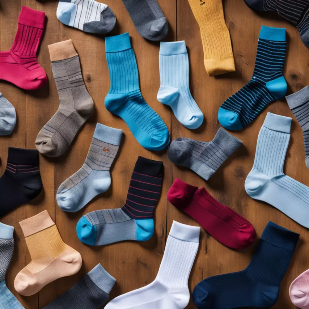 Array verschiedener Arten von Kompressionsstrümpfen auf einem Holztisch ausgelegt, die verschiedene Texturen und Farben zeigen, Inneneinstellung mit natürlichem Licht, Fotografie, Fotografie mit scharfem Fokus und einem 35mm-Objektiv, um die Vielfalt in einem hochauflösenden Bild einzufangen.