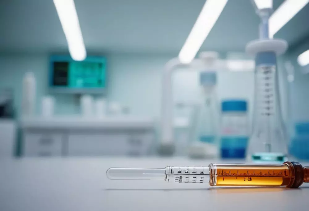 Nahaufnahme einer Spritze mit einer klaren, flüssigen Lösung vor einem unscharfen Hintergrund von medizinischem Equipment, wobei das spezifische Werkzeug für Fett-auflösende Behandlungen hervorgehoben wird.