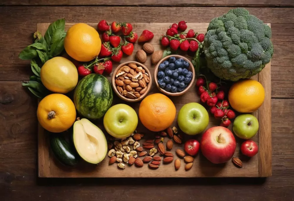 Eine lebendige Darstellung von Früchten, Gemüse und Nüssen, die künstlerisch auf einem rustikalen Holztisch arrangiert sind und eine gesunde und ausgewogene Ernährung betonen. Fotografie in hoher Auflösung mit natürlichem Licht und lebendigen Farben.