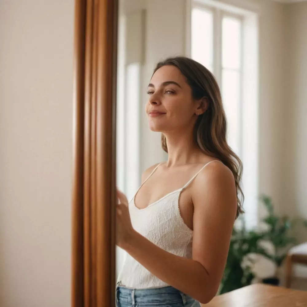 Glückliche und selbstbewusste Frau betrachtet ihr Spiegelbild, fühlt sich zufrieden mit ihrem Körper, in einem hellen und luftigen Raum, fotografischer Stil, der weiches natürliches Licht verwendet, um eine hoffnungsvolle und positive Atmosphäre zu schaffen.