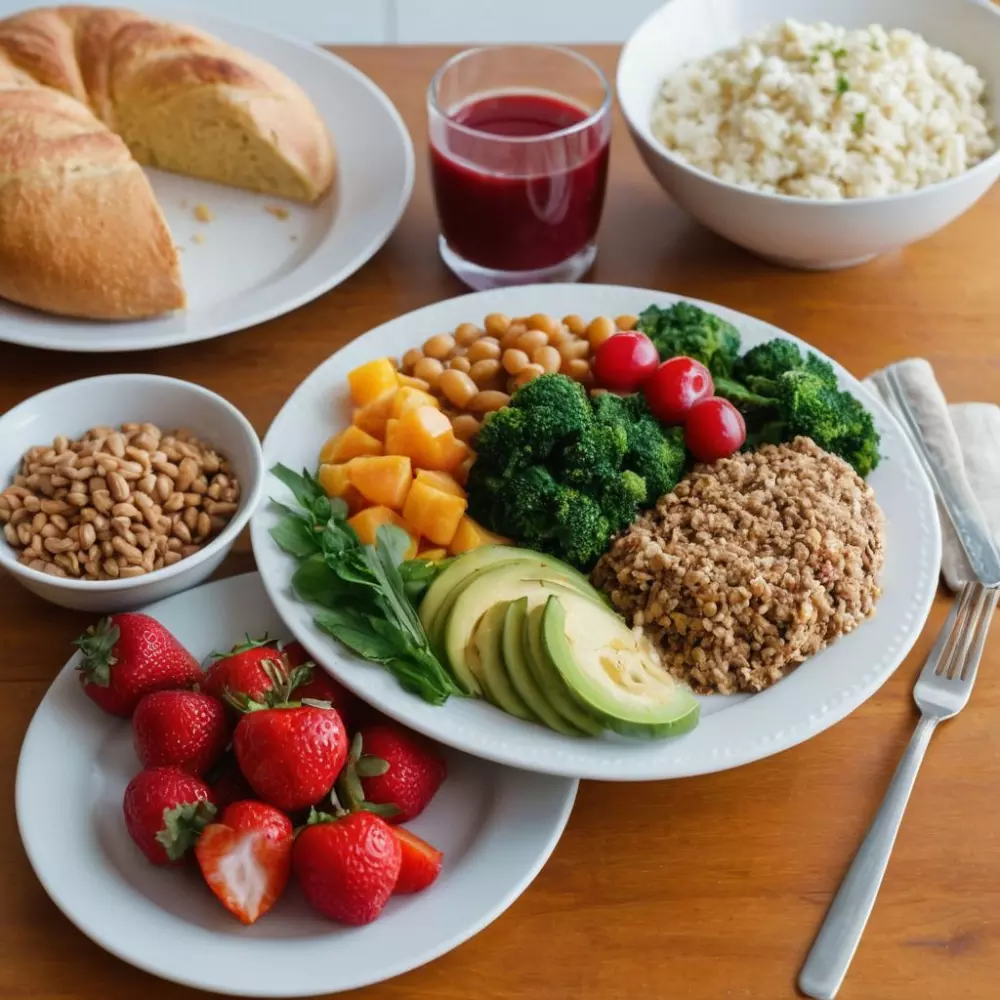 Eine ausgewogene Mahlzeit auf einem Tisch, mit Fokus auf nahrhaften Lebensmitteln, die bei Lipödem empfohlen werden, in einem hellen und sauberen Umfeld, im fotografischen Stil, mit einer Nahaufnahme, hoher Auflösung und lebendigen Farben.
