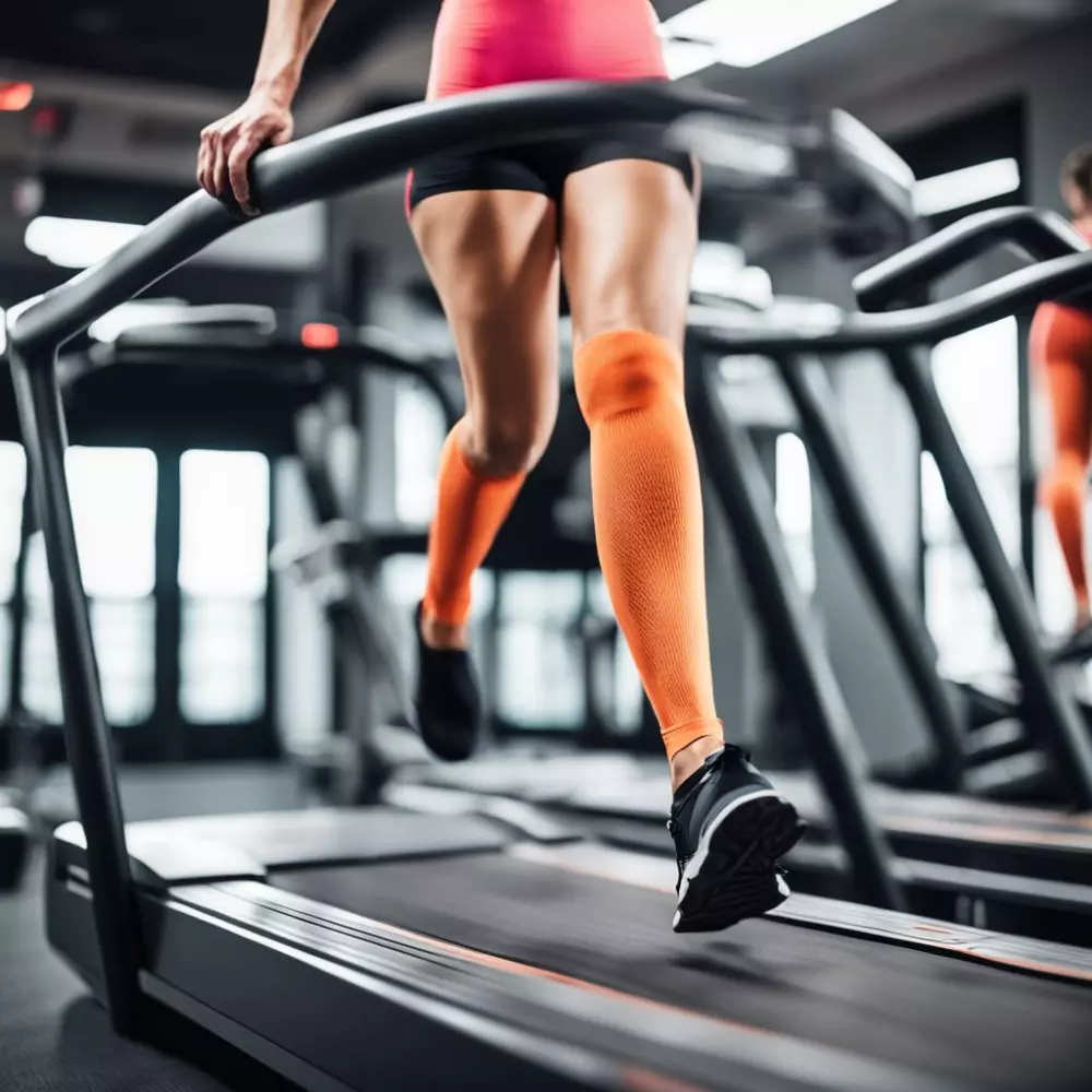 Beine tragen Kompressionsstrümpfe beim Gehen auf einem Laufband, zeigen Muskelbewegungen und die Passform der Strümpfe, in einer hellen Fitnessumgebung, fotografisch festgehalten mit einem mittleren Teleobjektiv, um sich auf die Bewegung und die Stoffdetails zu konzentrieren.