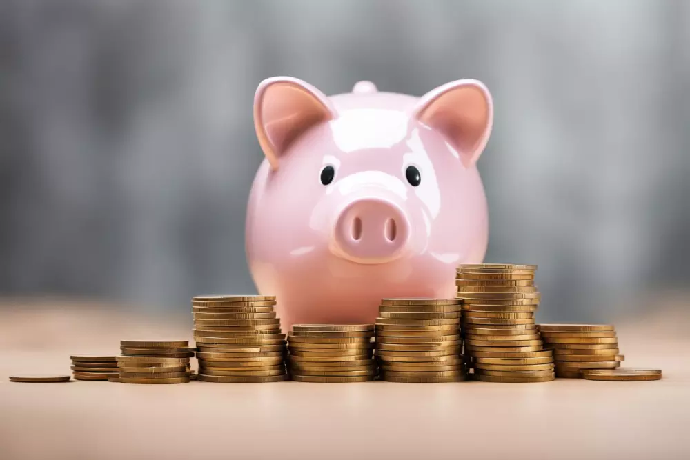 Piggy bank next to stacked coins on a simple background, representing the concept of saving and cost, Photographic, a high-resolution image with a focus on piggy bank and coins with soft lighting.