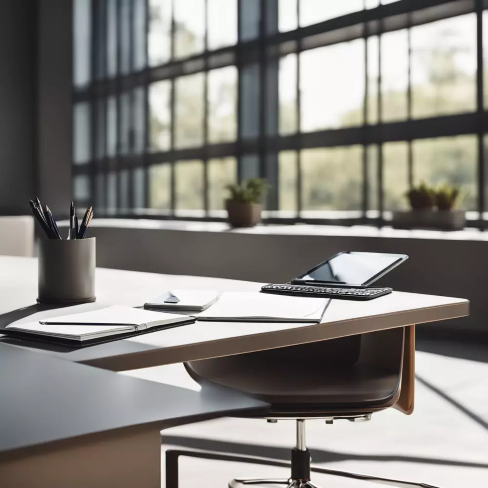 Ein schlanker, professioneller Schreibtisch mit einem modernen Telefon und einem Notizblock, der eine bereitwillige Atmosphäre suggeriert, in einem hellen, minimalistischen Bürosetting, mit einer Seitenansicht, in einem fotografischen Stil, der mit scharfem Fokus die Kommunikationswerkzeuge hervorhebt, unter weichem, natürlichem Licht.