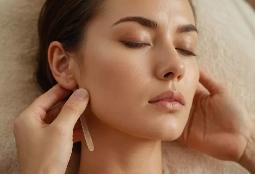 Eine Abfolge von Bildern, die schrittweise die Anwendung von Gua Sha im Gesicht zeigen, wobei die Technik und Handpositionen im Fokus stehen, in einer ruhigen, gut beleuchteten Umgebung. Fotografische, detaillierte Nahaufnahmen mit weichem Licht, um die ruhige Stimmung zu unterstreichen.