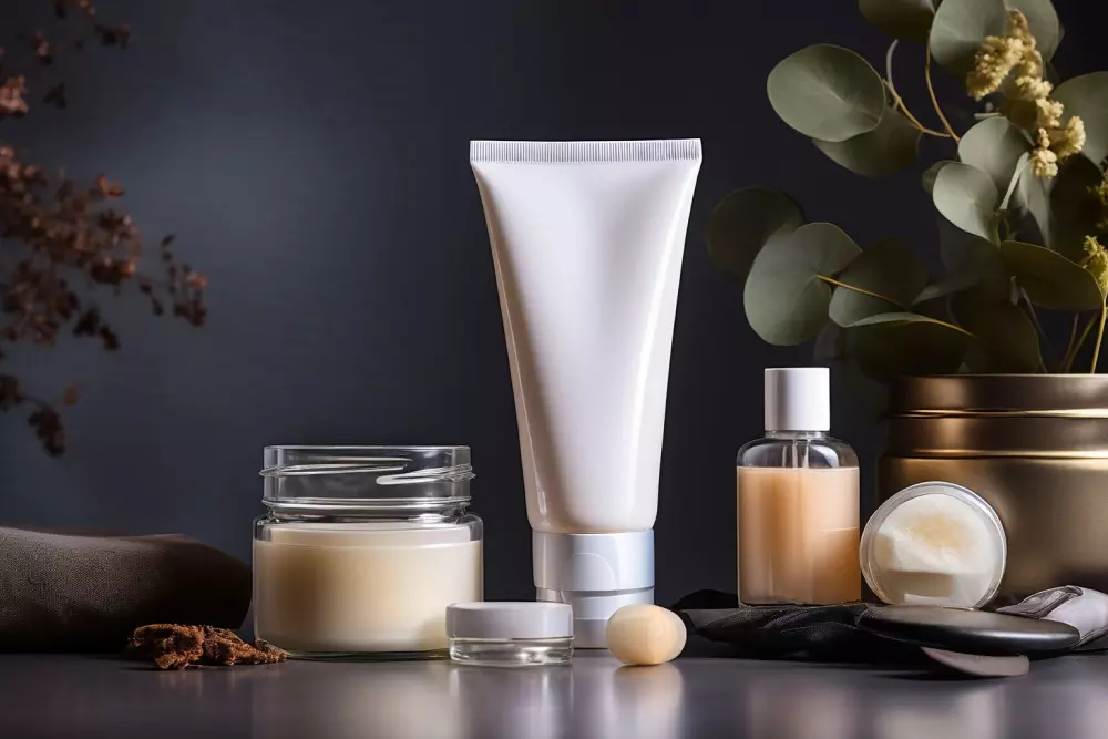 Hautpflegeprodukte neben Kompressionsstrümpfen auf einer sauberen Oberfläche platziert, betonen den Pflegeaspekt, mit einer fürsorglichen und sauberen Atmosphäre, fotografiert mit weichem Licht und hochauflösender Digitalfotografie.