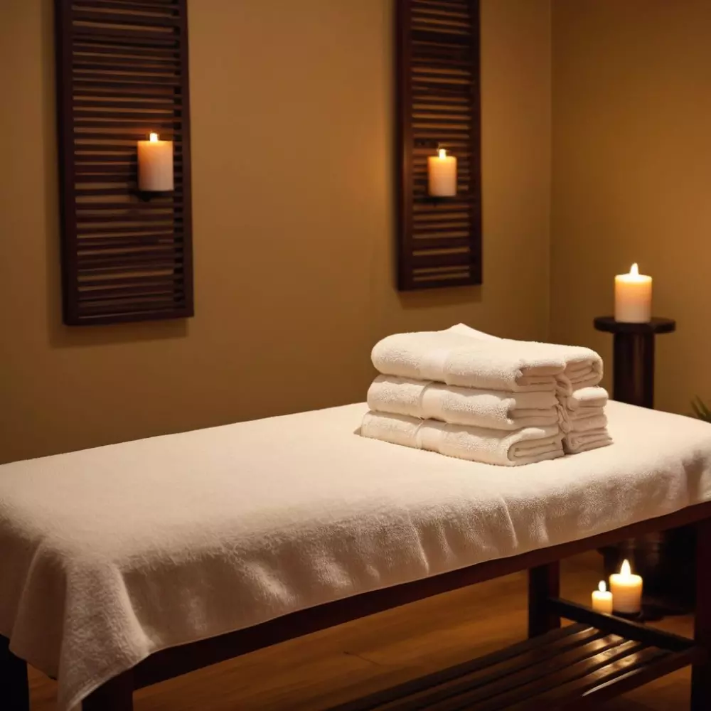 Ein ordentlich arrangierter Massagetisch mit Handtüchern, Ölen und ruhigen Spa-Elementen, bereit für eine Lymphdrainage-Sitzung. Fotografiert in einer beruhigenden Spa-Umgebung mit sanfter Umgebungsbeleuchtung.