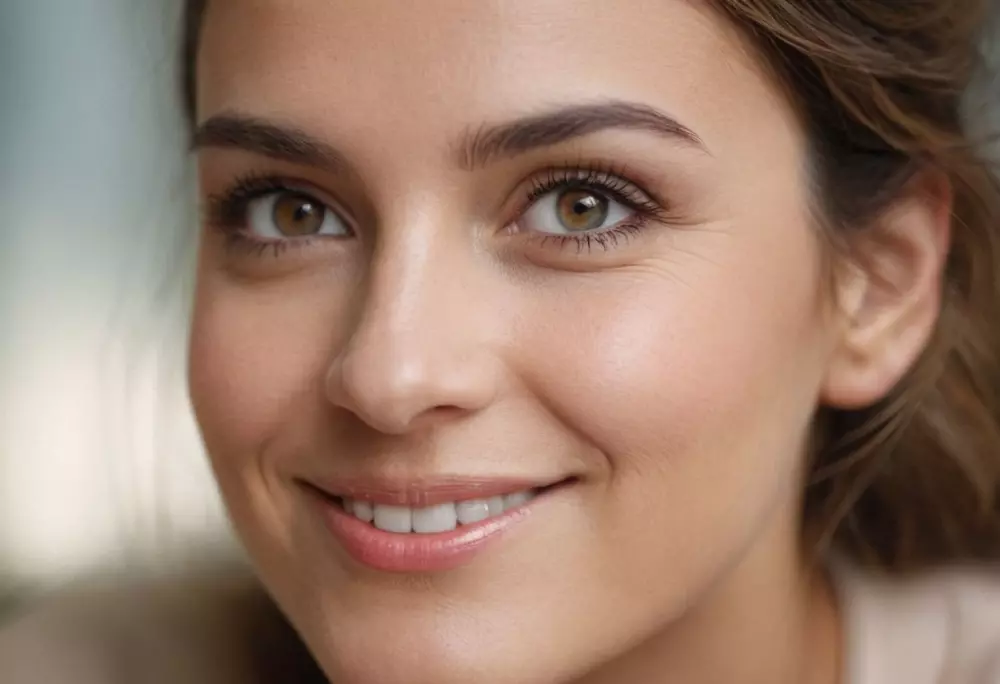 Nahaufnahme eines lächelnden Frauengesichts, Augen voller Hoffnung, weiches natürliches Licht, fotografischer Stil, hohe Auflösung, einfangen persönlicher Transformation.