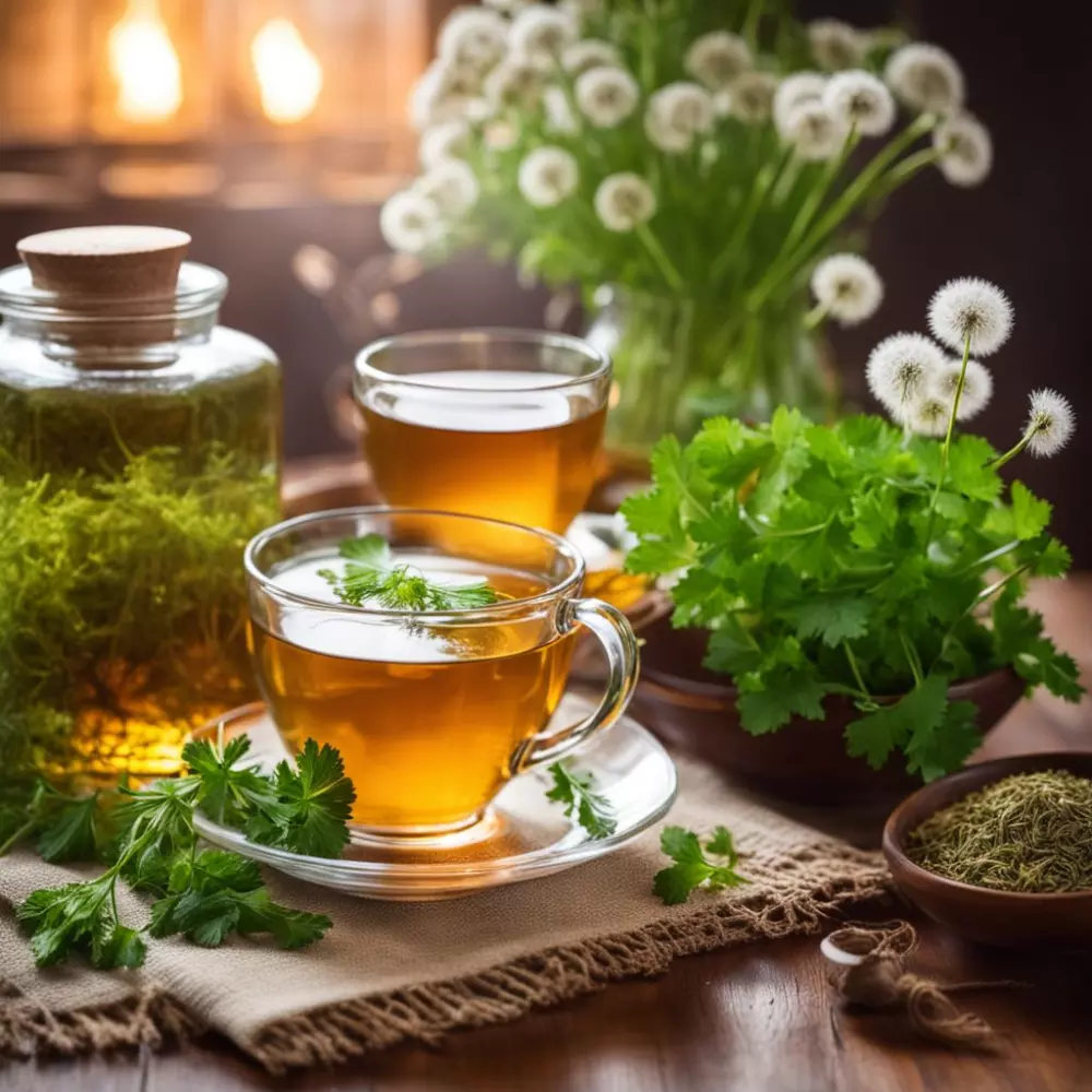 Natürliche Hausmittel wie Löwenzahntee und Petersilie, präsentiert in einer gemütlichen häuslichen Umgebung mit einer warmen, beruhigenden Atmosphäre. Fotografie, die die Essenz von Kräuterheilmitteln in weichem, stimmungsvollem Licht mit einer Nahaufnahme einfängt.
