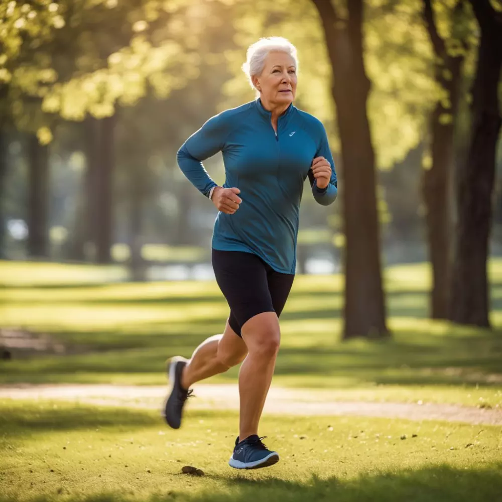 Eine Person joggt in einem Park, trägt eine Kompressionshülse und präsentiert einen aktiven Lebensstil zur Behandlung von Lymphödemen, in einer natürlichen Umgebung, mit Fokus auf Bewegung und Gesundheit, in einem fotografischen Stil, der eine DSLR-Kamera mit einem mittleren Teleobjektiv und natürlichem Morgenlicht verwendet.