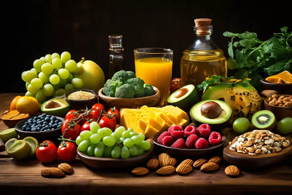 Eine Vielzahl gesunder Lebensmittel, die auf die Fettreduktion ausgerichtet sind, werden elegant auf einem Holztisch präsentiert, fotografisch festgehalten, mit einer frischen und lebendigen Atmosphäre, in hoher Auflösung, um die Texturen und natürlichen Farben der Lebensmittel zu präsentieren.