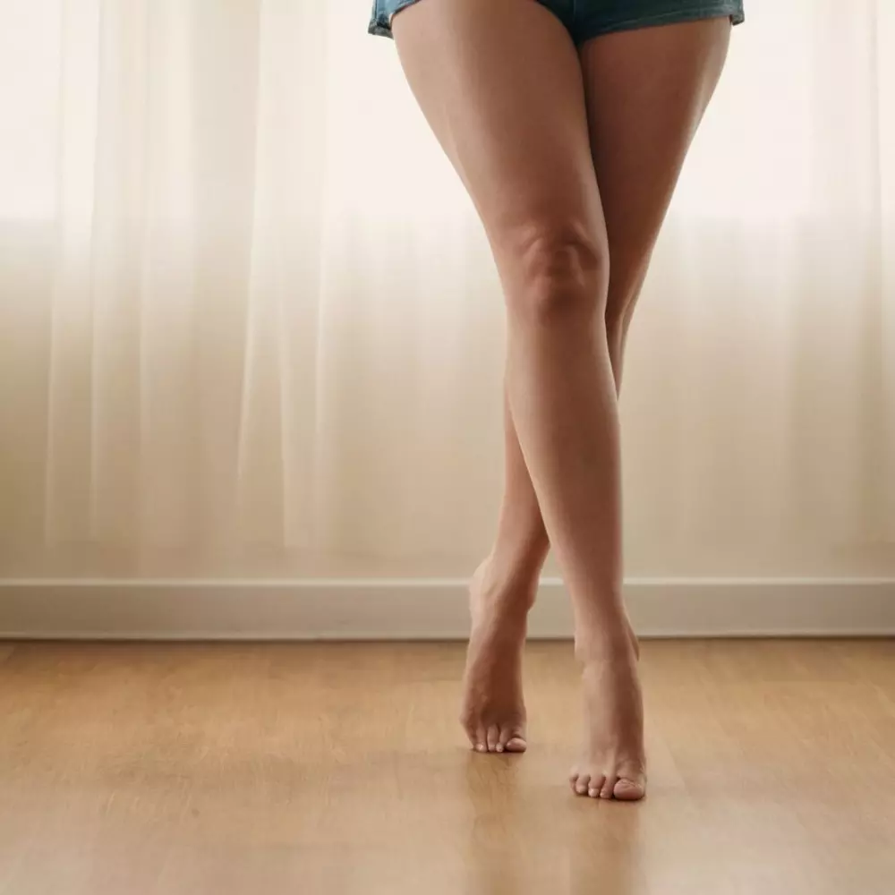 Eine Frau steht da und zeigt ein Bein, das aufgrund von Lipödem deutlich dicker ist als das andere, in einem neutralen Raum, wobei die Abnormalität in der Beingröße betont wird. Fotografie, Aufnahme mit einem Makroobjektiv, das sich auf die Beine im Tageslicht konzentriert.