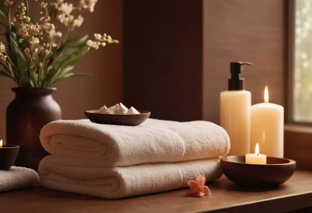 Eine beruhigende Nachsorgeumgebung mit Hautpflegeprodukten und einem entspannenden Spa-Ambiente, Fotografie in einem sanften Lichtsetting, um eine beruhigende und fördernde Atmosphäre zu betonen.