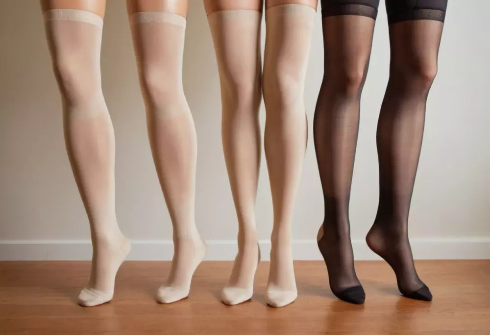 Unterschiedliche Längen von Kompressionsstrümpfen werden auf Schaufensterpuppenbeinen nebeneinander angeordnet in einem gut beleuchteten Raum präsentiert. Das Foto zeigt einen klaren Fokus auf den Vergleich der Strumpflängen in hoher Auflösung.