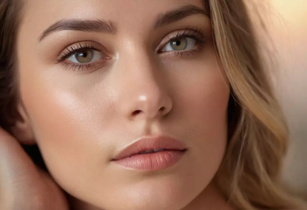 Close up of a relaxed female face highlighting smooth skin texture and reduced puffiness, in a calm setting, photographic style, detailed close up with soft light.