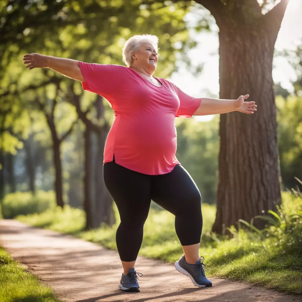 Woman with lipedema engaging in low-impact exercise, focus on movement and positivity, outdoor setting, mood of vitality and determination, Photographic, action photography with natural lighting.
