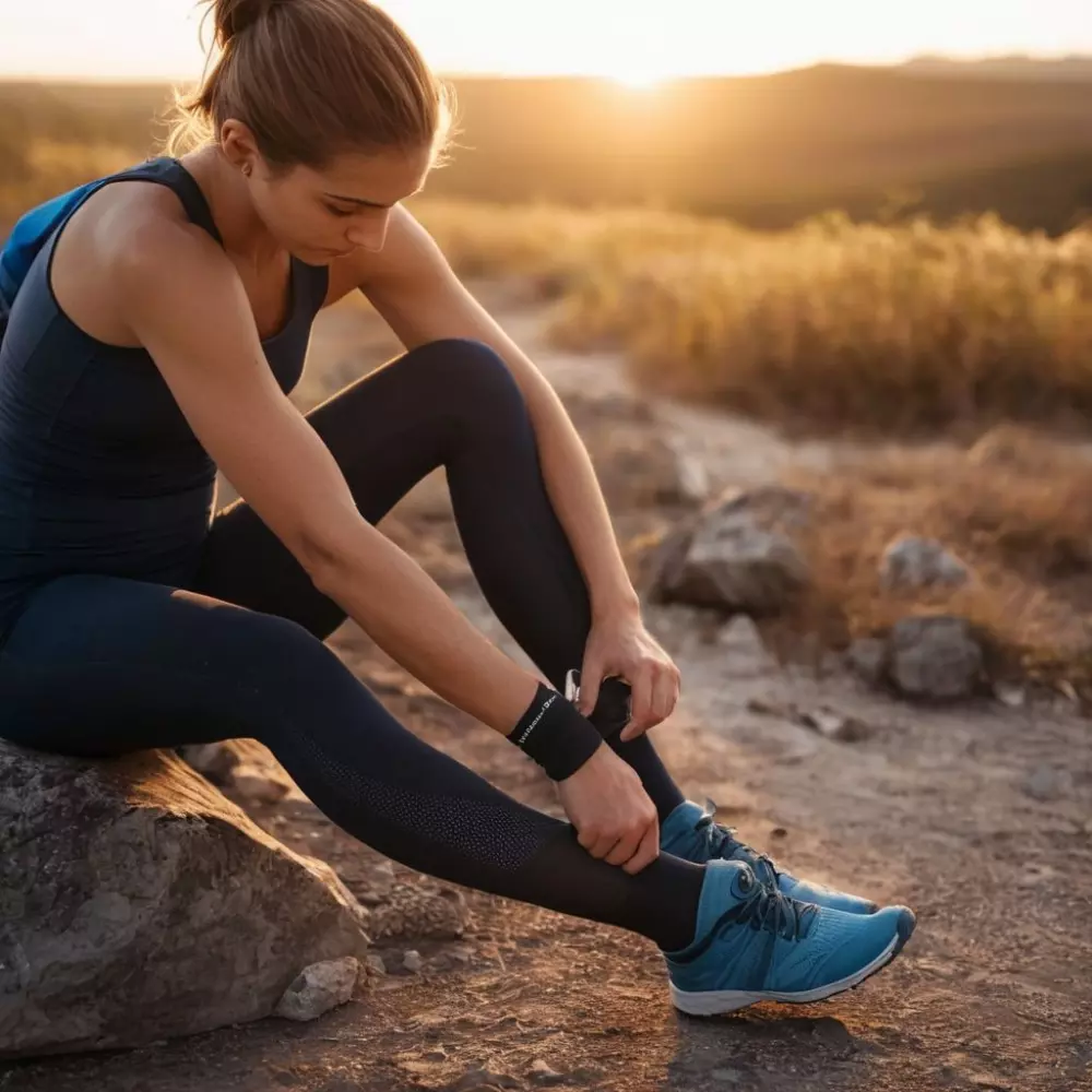 Ein Läufer bindet seine Schuhe mit sichtbaren Kompressionsstrümpfen in einer Outdoor-Umgebung während des Sonnenaufgangs, was ein Gefühl von Vorbereitung und Entschlossenheit vermittelt, im fotografischen Stil festgehalten mit einem Weitwinkelobjektiv, um die umgebende Natur einzuschließen.