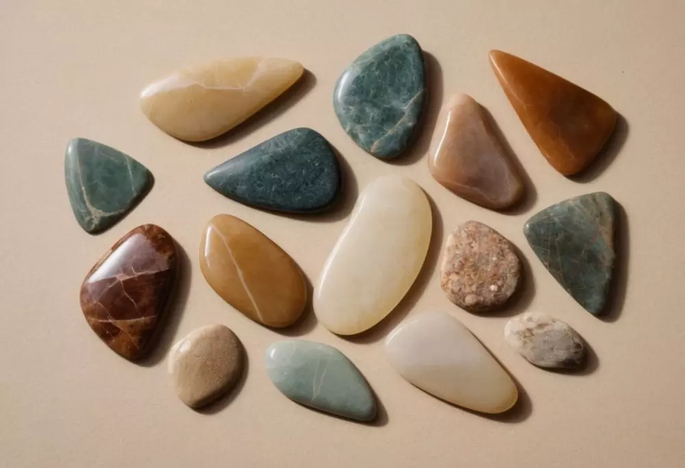 Verschiedene Arten von Gua Sha Steinen liegen auf einem neutralen Hintergrund, wobei verschiedene Formen und Materialien hervorgehoben werden. Fotografisch festgehalten mit einer Aufnahme aus der Vogelperspektive und sanftem, natürlichem Licht, um die Struktur und Farben deutlich zu zeigen.