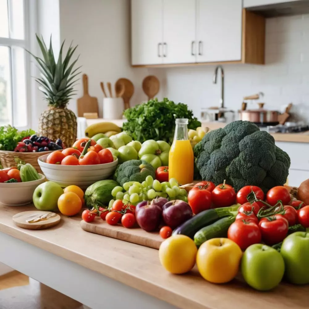Vielfalt an gesunden Lebensmitteln auf einem Tisch, mit Fokus auf frischem Gemüse und Obst, in einer hellen und einladenden Küchenumgebung, fotografiert mit einem Weitwinkelobjektiv, um ein buntes und detailreiches Arrangement im natürlichen Licht einzufangen.
