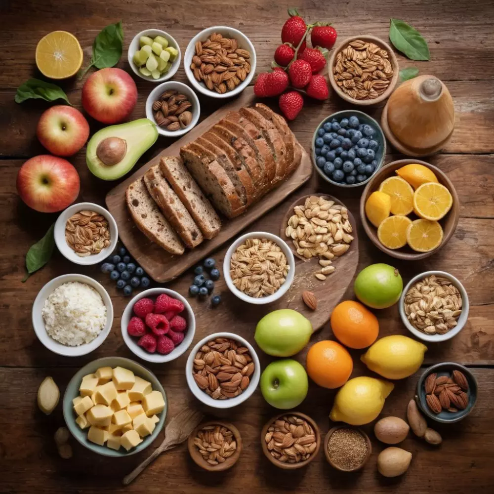 Niedrig glykämische Lebensmittel auf einem rustikalen Holztisch arrangiert, zeigen eine Vielzahl gesunder Optionen. Fotografisch festgehalten, mit natürlichem Licht, das die Textur und Farben der Lebensmittel hervorhebt.