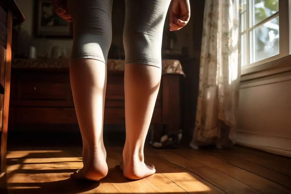 Nahaufnahme von geschwollenen und verspannten Beinen einer Person, die Schwere suggeriert, in einer ruhigen häuslichen Umgebung, fotografischer Stil, mit detailliertem Fokus auf Hauttextur unter Verwendung von natürlichem Licht, um eine realistische Darstellung zu schaffen.
