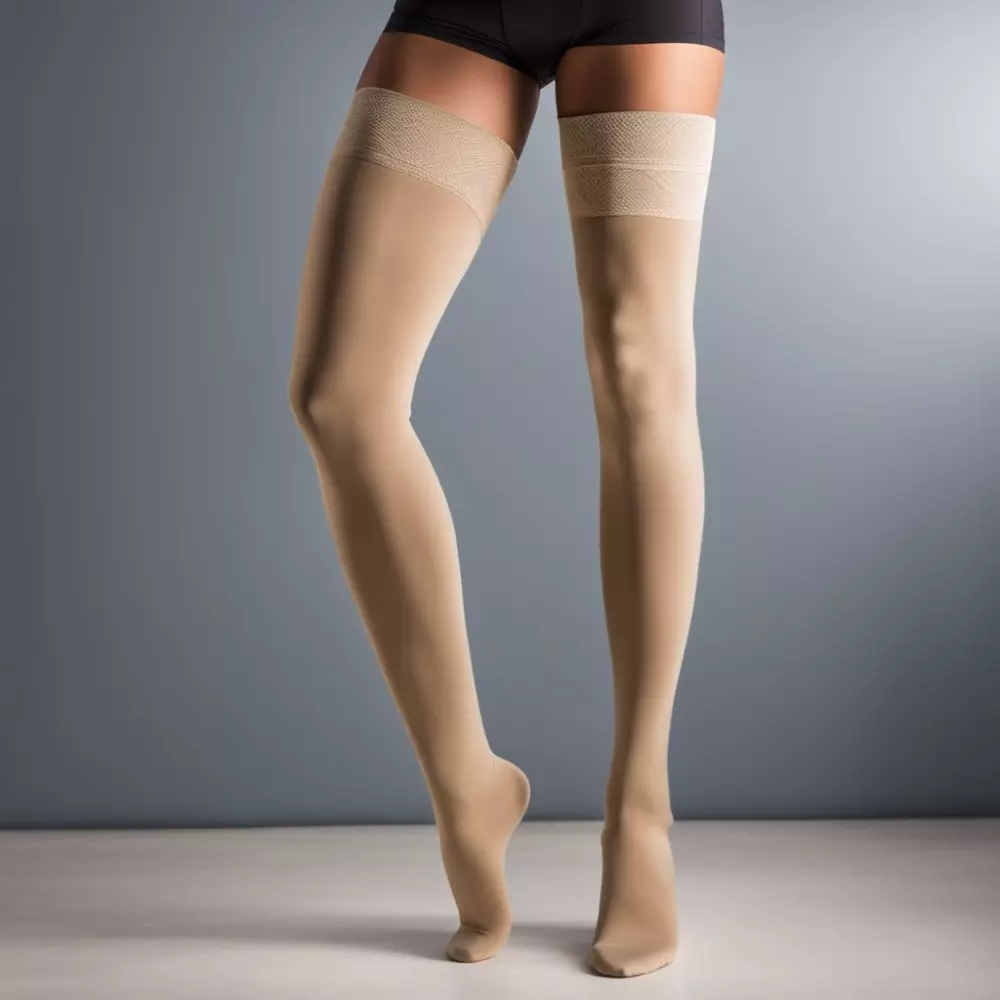 Maßgeschneiderte Kompressionsstrümpfe an einer Schaufensterpuppe, die eine individuelle Passform zeigen, in einem gut beleuchteten Studio, Fotografie mit einem 50mm Objektiv und Studiobeleuchtung.