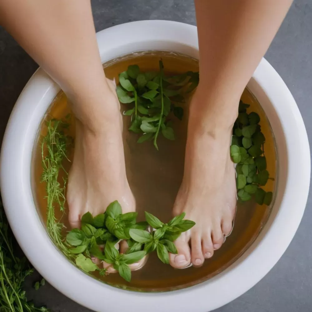 Nahaufnahme von Füßen, die in einer Schüssel mit Kräutern eingeweicht sind, in einer hellen Küchenumgebung, um die Linderung von Schwellungen zu betonen. Das Foto wurde mit scharfem Fokus aufgenommen, um die Details des Wassers und der Kräuter hervorzuheben.