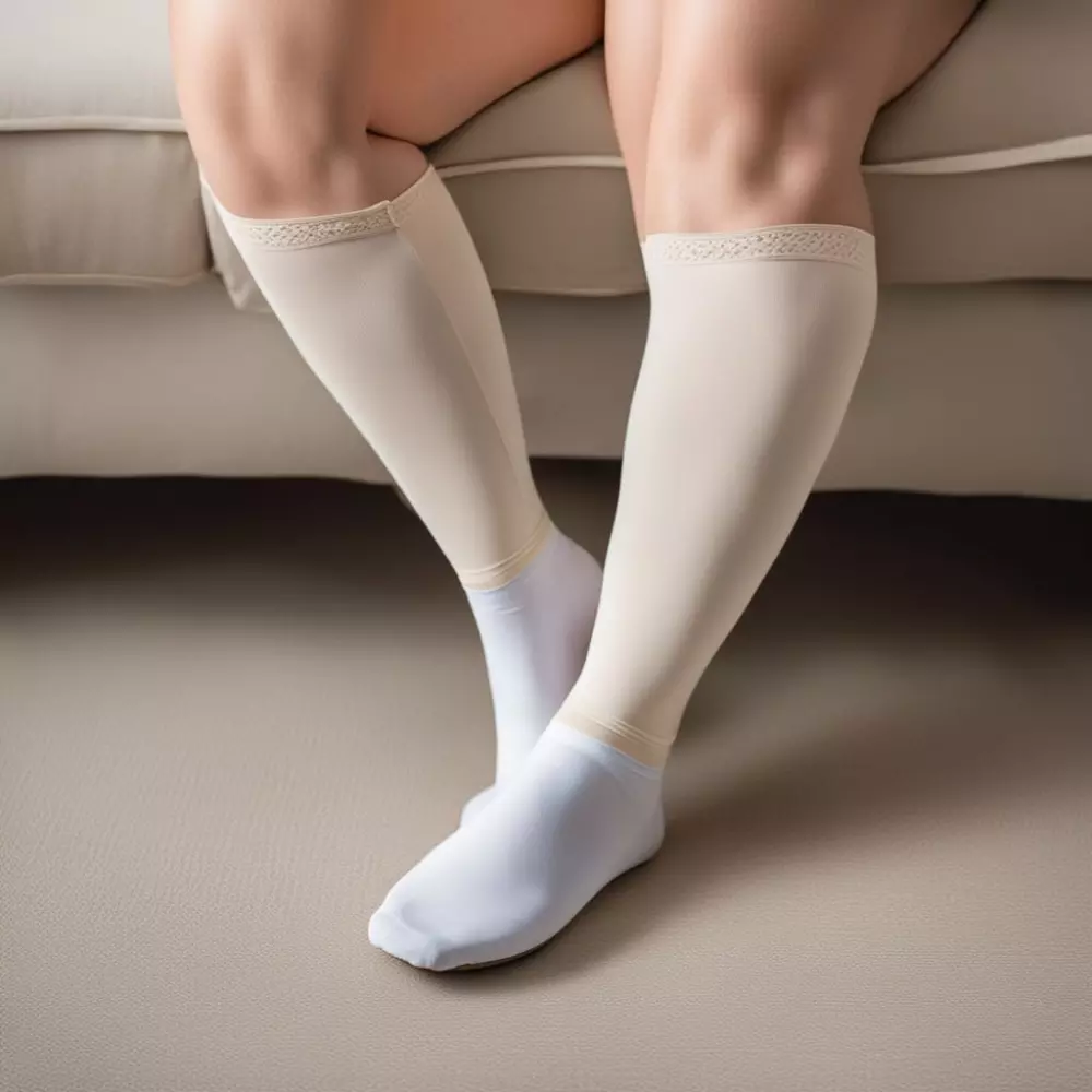 Close-up of post-surgery compression garments on female legs, highlighting the texture and fit, in a soft indoor light, Photographic, a detailed shot showing the garments used in lipedema recovery.