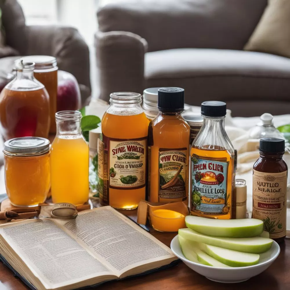 Eine Vielzahl von Hausmitteln gegen geschwollene Beine, darunter Apfelessig, kalte Wickel und Diätbücher, im fotografischen Stil auf einem Tisch ausgelegt, aufgenommen mit einem Weitwinkelobjektiv.