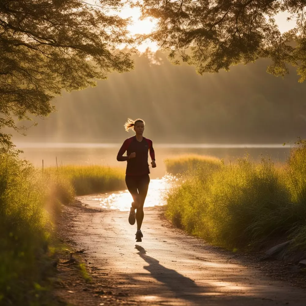 Eine Person joggt auf einem malerischen Weg am See, vermittelt Ausdauer und Vitalität in einer ruhigen, natürlichen Umgebung. Das Foto wurde im frühen Morgenlicht mit einem mittleren Teleobjektiv aufgenommen.