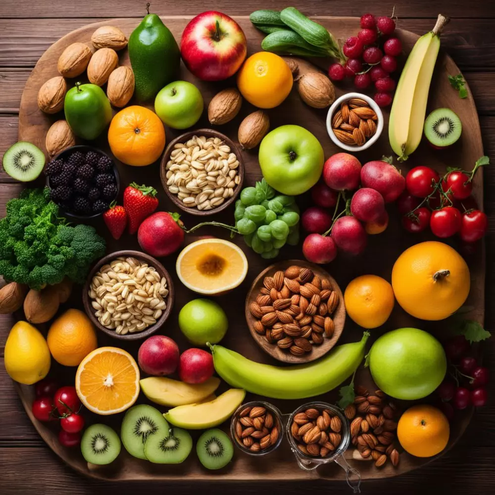 Verschiedene gesunde Lebensmittel wie Obst, Gemüse und Nüsse sind ordentlich auf einem Holztisch angeordnet, unter sanftem natürlichem Licht, in einem fotografischen Stil, aufgenommen mit einem Weitwinkelobjektiv, um eine Vielzahl von Farben und Texturen einzuschließen.