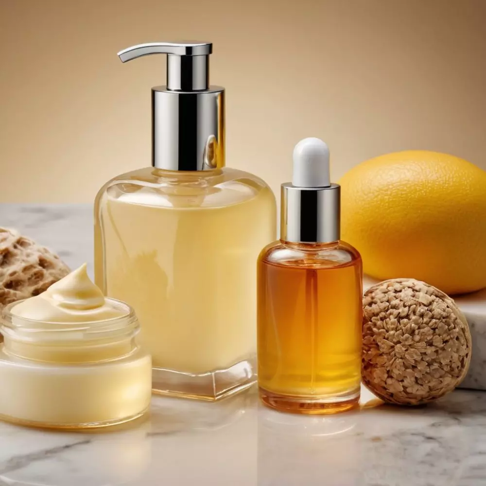 Verschiedene Anti-Cellulite-Produkte wie Cremes und Öle werden elegant auf einer Marmoroberfläche präsentiert, wobei der Fokus auf den Texturen und natürlichen Inhaltsstoffen liegt, unter Studiobeleuchtung in einem fotografischen Stil, aufgenommen mit einem scharfen Fokusobjektiv.