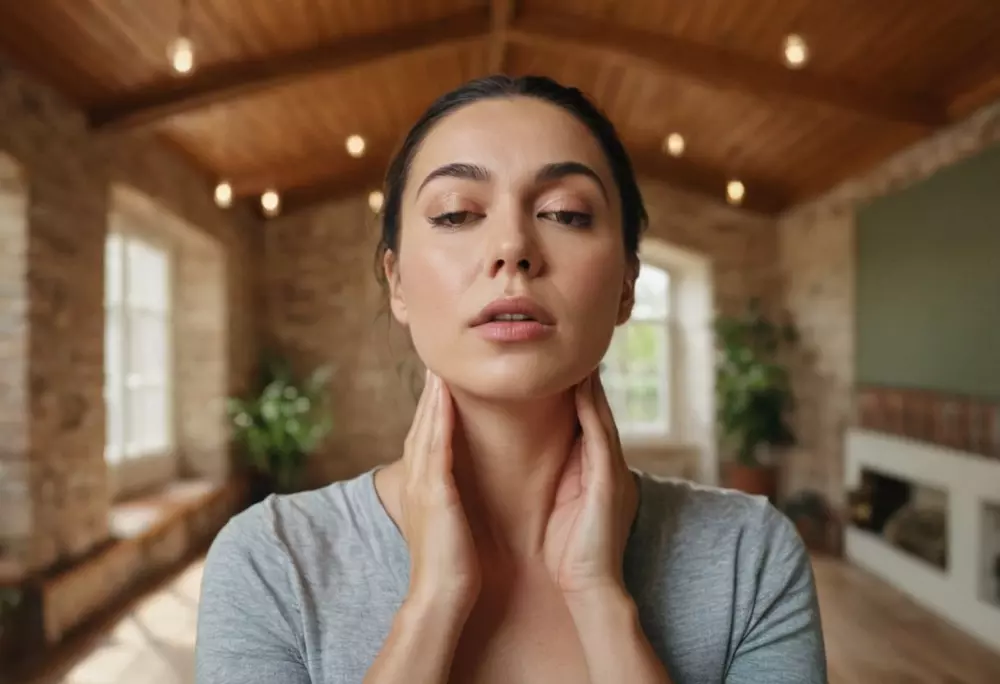 Frau führt Gesichtsübungen durch, um das Doppelkinn zu reduzieren, in einer hellen Innenraumumgebung, unter Verwendung eines Weitwinkelobjektivs, bei natürlichem Licht und hoher Auflösung.