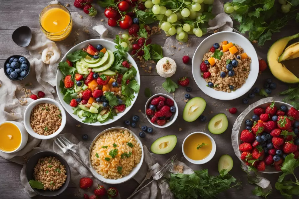 Healthy balanced meal with focus on nutritious ingredients, table setting, with a mood of healthy lifestyle choices, Photographic, detailed food photography with natural lighting.