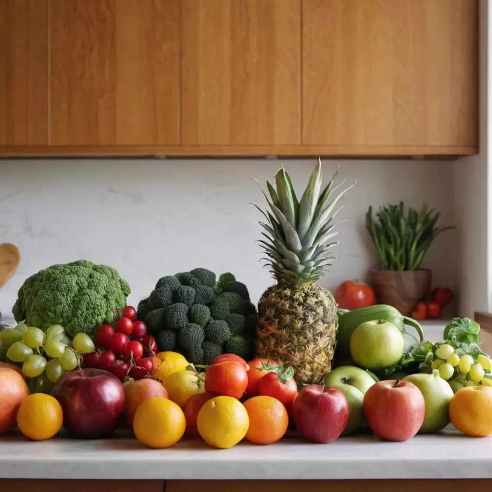 Eine Vielzahl von bunten Früchten und Gemüsesorten, ordentlich angeordnet und symbolisierend eine ausgewogene Ernährung, in einer hellen und einladenden Küchenumgebung. Fotografiert mit natürlichem Licht, das die Frische betont.