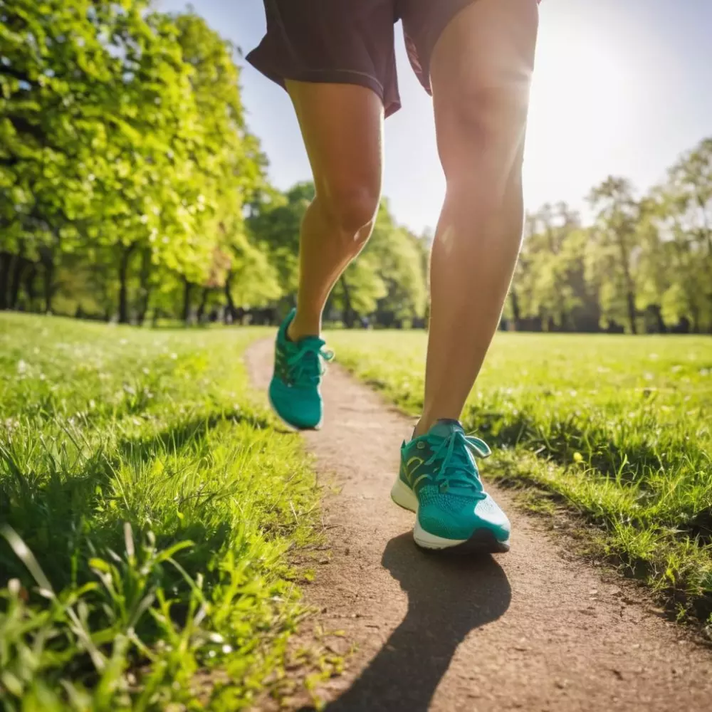 Person joggt an einem sonnigen Morgen, Fokus auf Beinen und Knöcheln, grüner Park im Hintergrund, um die Aktivität zur Reduzierung von Knöchelschwellungen zu veranschaulichen. Fotografie, aufgenommen mit einem Weitwinkelobjektiv, das sowohl die Umgebung als auch die Aktion einfängt.
