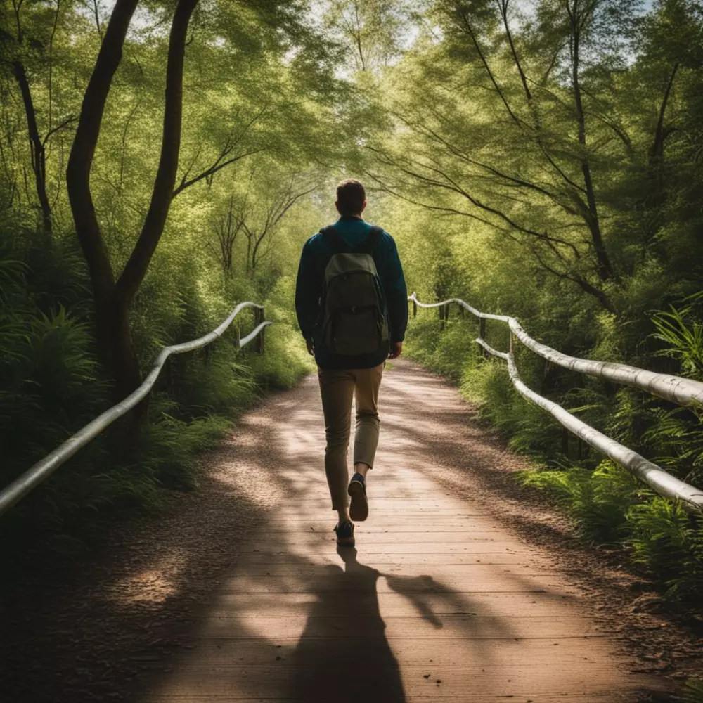 Patient's legs walking on a path surrounded by nature, symbolizing progress, Photographic, Photography with a rear view and natural light to evoke hope and recovery.
