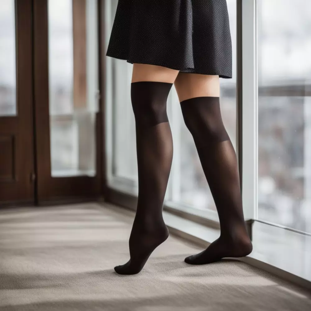 Foto von Kompressionsstrümpfen, die an kräftigen Beinen getragen werden, drinnen, natürliches Licht von einem Fenster, Fotografie, Fokussierung auf die Strumpfstruktur mit einem mittleren Teleobjektiv.