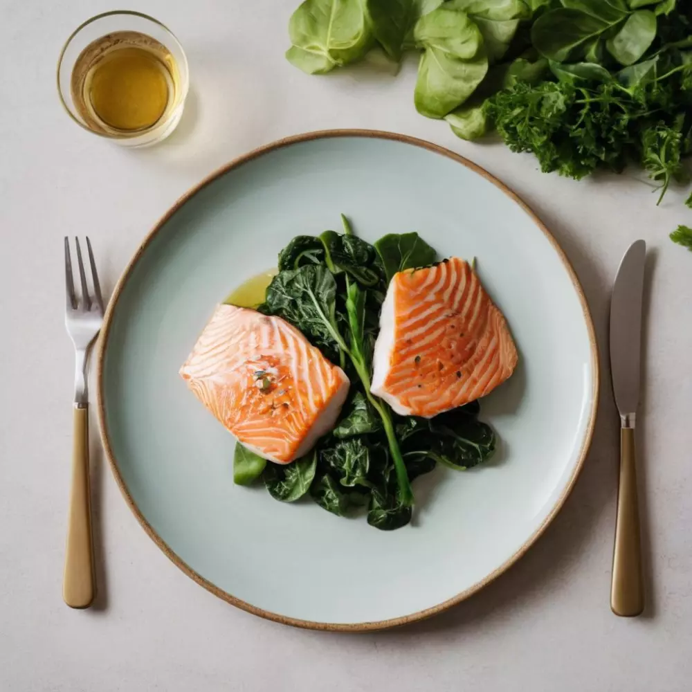 Eine ketogene Mahlzeit mit hohem Proteingehalt, bestehend aus Fisch und Blattgemüse auf einem minimalistischen modernen Teller, betont eine Ernährung, die für Lipödem geeignet ist. Fotografie in einem sauberen, professionellen Umfeld mit Fokus auf die Mahlzeit, Verwendung von scharfem Fokus und natürlichem Licht.