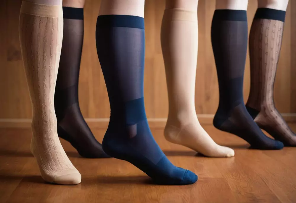Verschiedene Arten von Kompressionsstrümpfen werden auf einem Tisch präsentiert, wobei verschiedene Designs und Druckstufen hervorgehoben werden, in einem klinischen Umfeld. Es handelt sich um ein fotografisches, hochauflösendes Bild mit scharfem Fokus und detaillierten Stoffstrukturen.