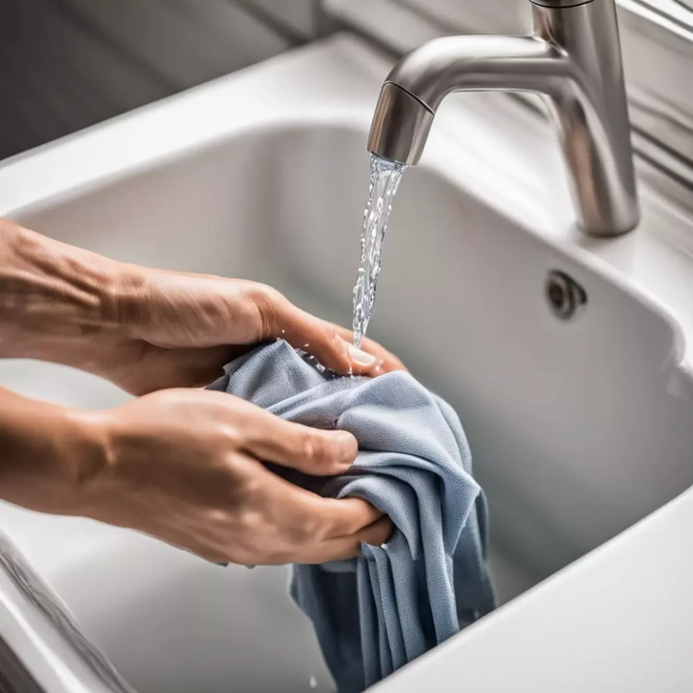 Hände waschen Kompressionskleidung in einem Waschbecken sorgfältig, mit Fokus auf die sanfte Behandlung des Stoffes, Innenraum mit hellem, sauberem Hintergrund, Fotografischer Stil, umgesetzt als hochauflösende, detailreiche Makrofotografie mit einem 50mm Objektiv und weichem Licht von oben.