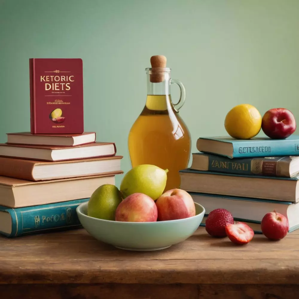 Verschiedene Ernährungsbücher und Lebensmittel auf einem Tisch, die ketogene, zuckerfreie und kohlenhydratarme Diäten repräsentieren, in einer hellen, lehrreichen Umgebung. Fotografie in hoher Auflösung, die die Vielfalt der Diäten einfängt.