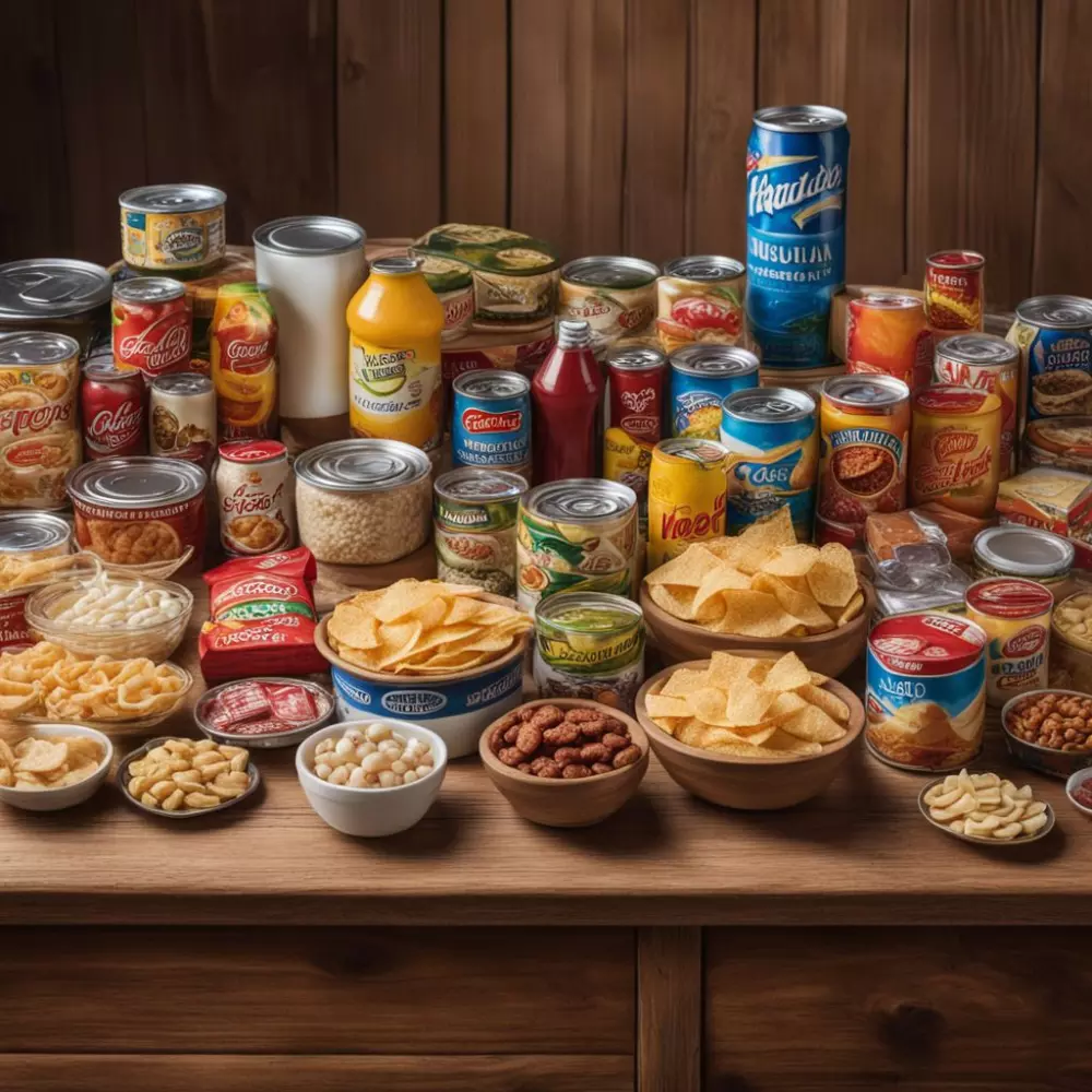 Eine Sammlung von salzigen Snacks, Dosennahrung und zuckerhaltigen Getränken auf einem Holztisch, um die Arten von Lebensmitteln zu betonen, die man bei Wasseransammlungen vermeiden sollte, mit einem klaren Fokus und natürlichem Licht. Fotografie, aufgenommen mit einem mittleren Shot und einem 35mm Objektiv, detailliert und in hoher Auflösung.