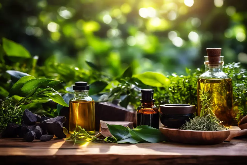 Nahaufnahme von Kräuterergänzungsmitteln und natürlichen Ölen, die elegant auf einer Holzoberfläche mit grünen Pflanzen im Hintergrund präsentiert werden, die eine natürliche und ganzheitliche Heilungsumgebung hervorrufen. Fotografie, Makrofotografie mit Fokus auf Textur und natürlichen Farben.