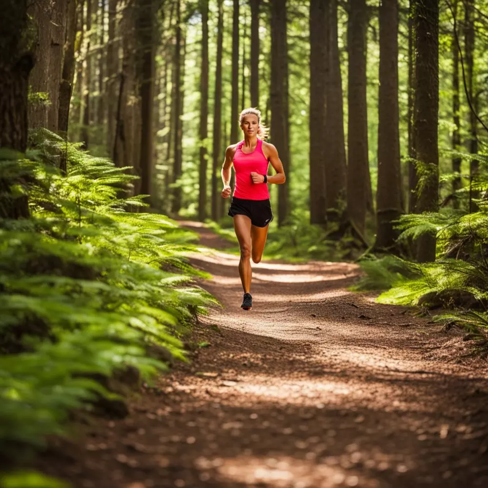 Läufer in Bewegung auf einem Waldweg, konzentriert auf Ausdauertraining zur Reduzierung von Hüftfett, festgehalten in einem lebendigen, hochauflösenden Foto mit natürlichem Außenlicht und einem Weitwinkelobjektiv.