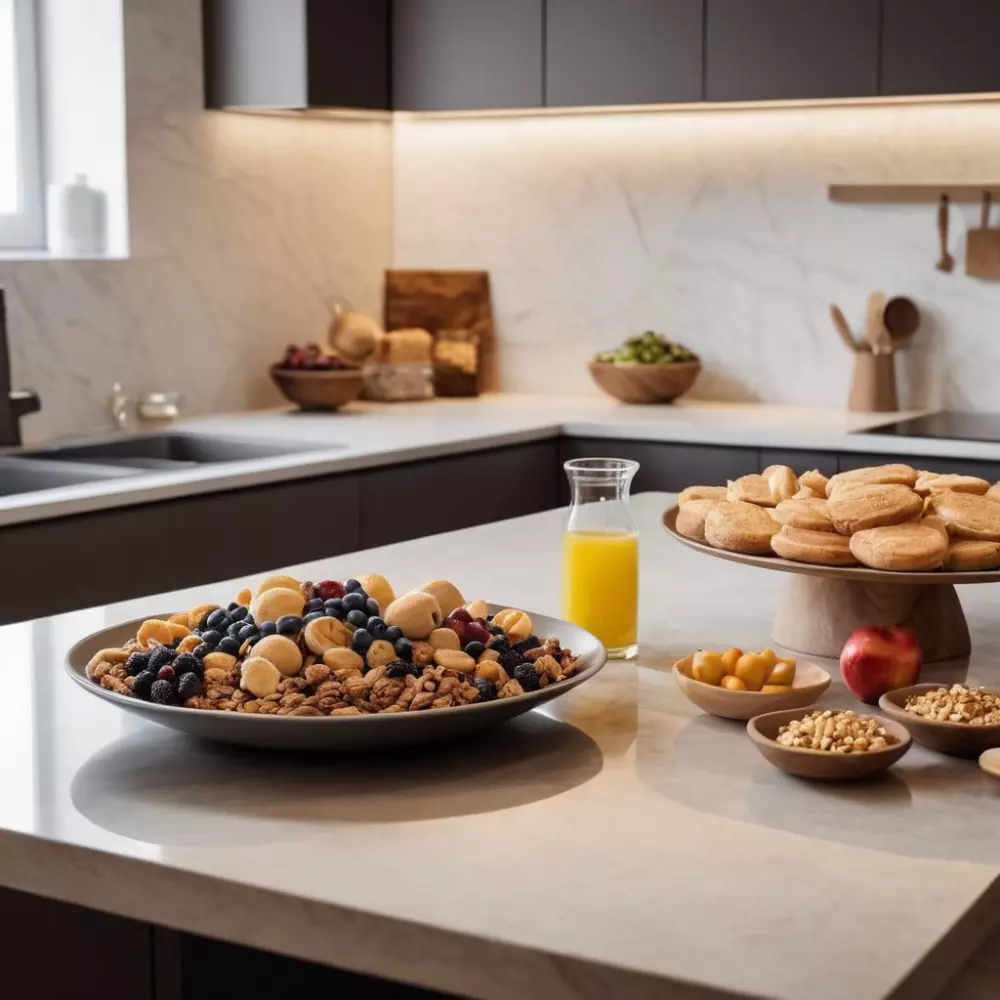 Zuckerfreie Mahlzeiten und Snacks werden elegant auf einer modernen Küchentheke präsentiert, wobei Gesundheit und Einfachheit betont werden. Fotografische, detailreiche Aufnahmen im natürlichen Küchenlicht.