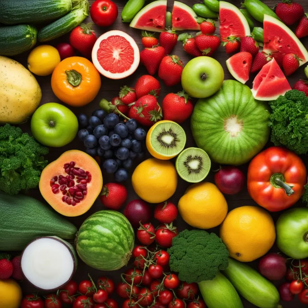 Eine Vielzahl von frischem Obst und Gemüse, das auf einem Tisch angerichtet ist und eine gesunde Ernährung für Lipödem darstellt. Fotografie mit lebendigen Farben und hoher Auflösung.